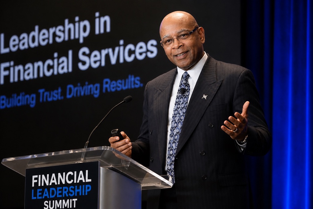 Fred Perry presenting on leadership in financial services